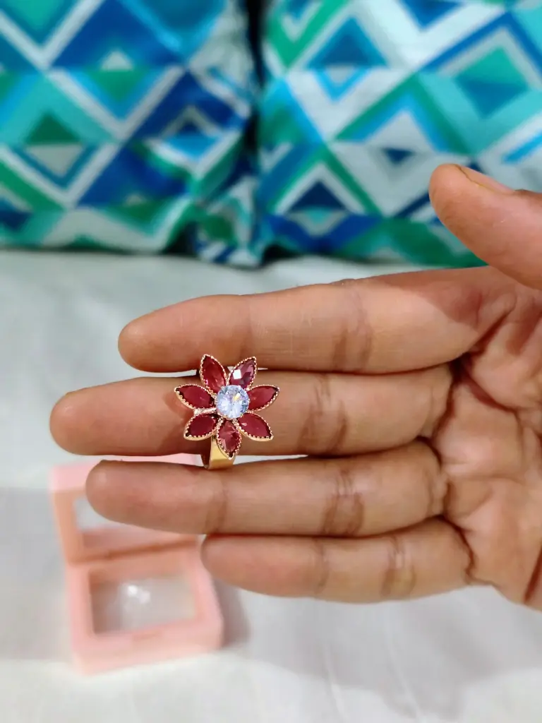Dark pink colour American diamond adjustable ring