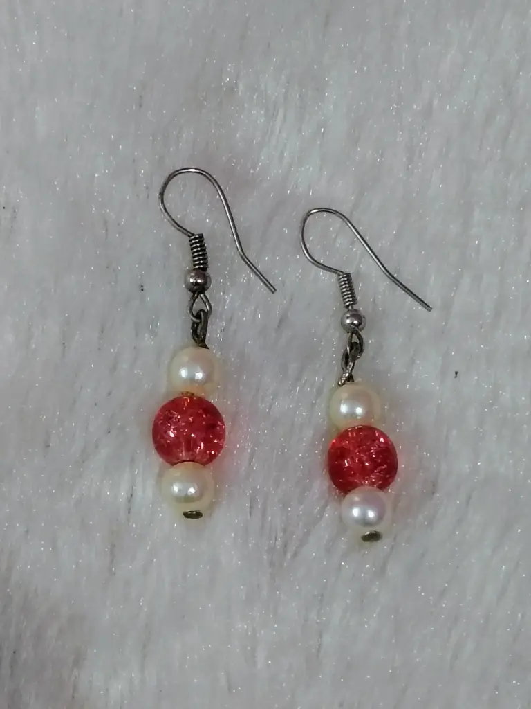 White pearl and red crackle earrings