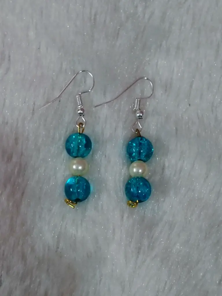 White pearl and blue crackle earrings