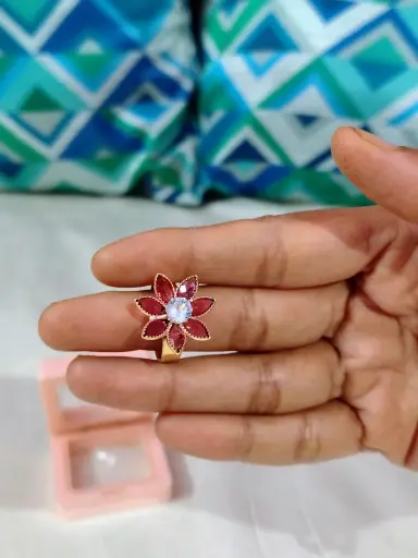 Dark pink colour American diamond adjustable ring