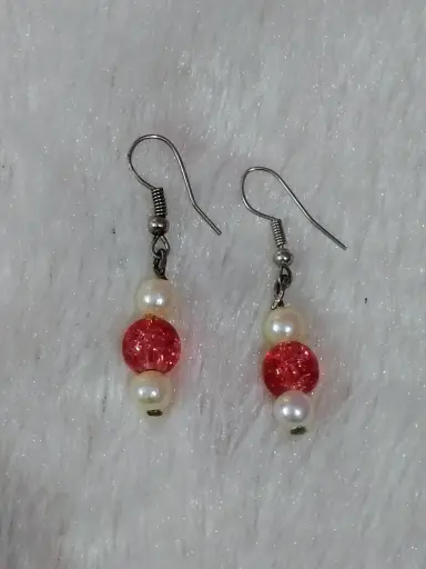 White pearl and red crackle earrings