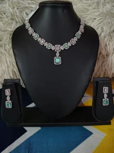 Pista green and pink colour American diamond jewellery
