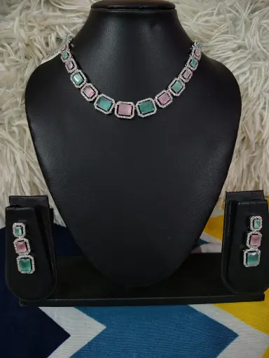 Pista green and pink colour American diamond jewellery