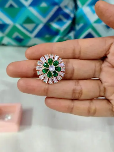 Green colour American diamond adjustable ring